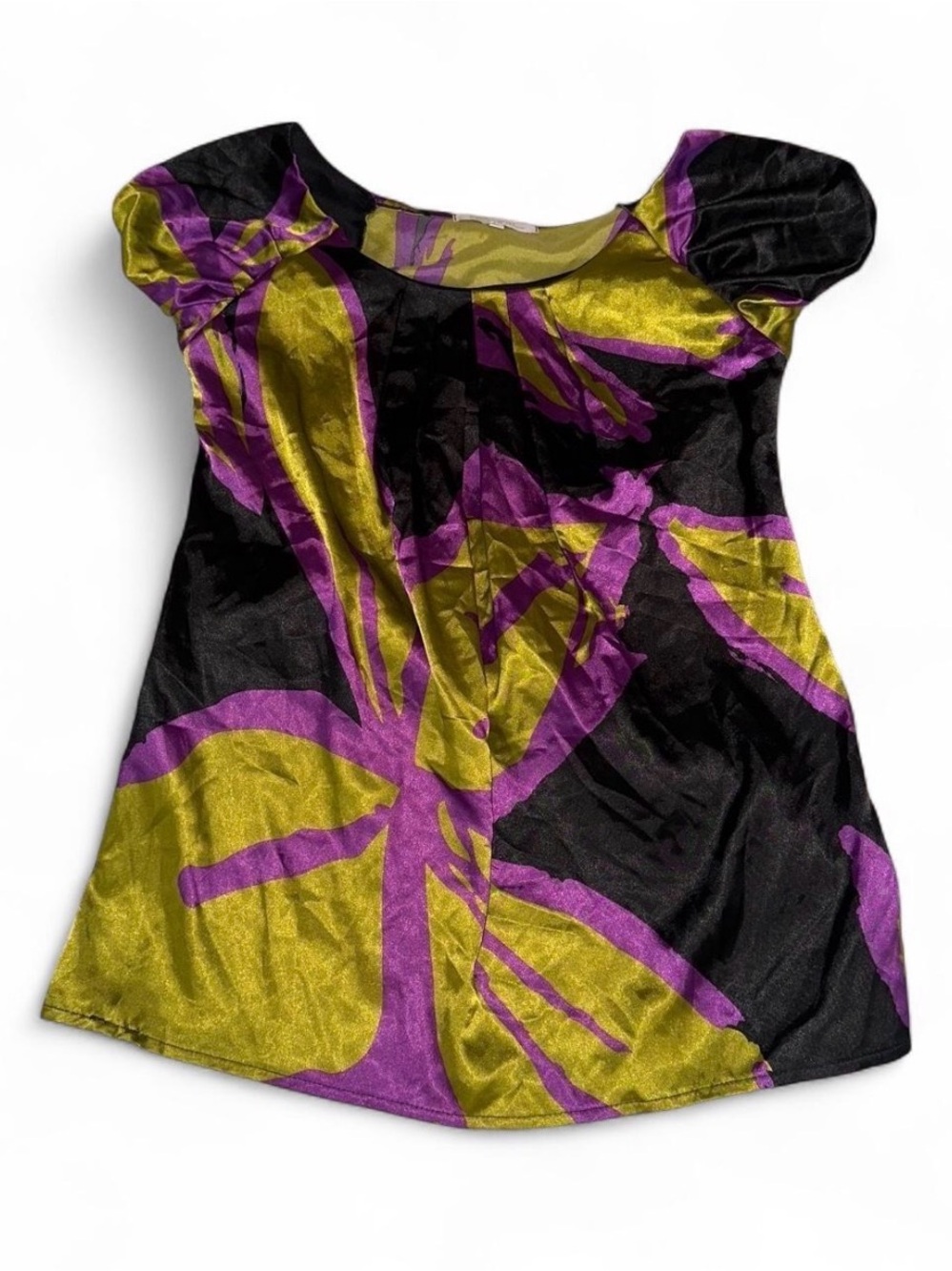 Y2K Puff-Sleeve Floral Print Top in Black, Purple & Olive Charlotte Russe S